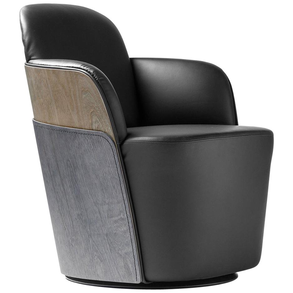 Kleiner Couture-Sessel aus Leder und Rückenlehne aus Holz für Büro/Lounge-Raumteiler