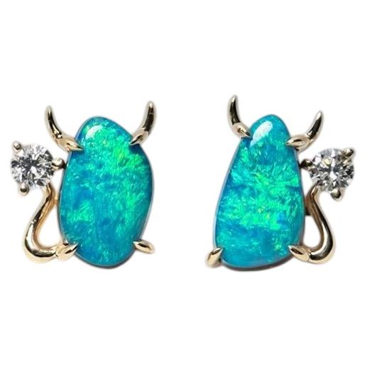 Little Devil – Ohrstecker mit australischem Boulder-Opal und Diamanten, 14-karätiges Gelbgold im Angebot