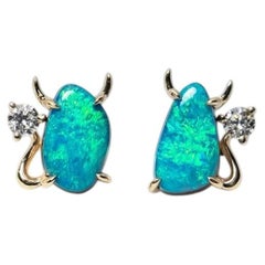 Little Devil - Australian Boulder Opal Diamond Stud Earrings 14K Yellow Gold