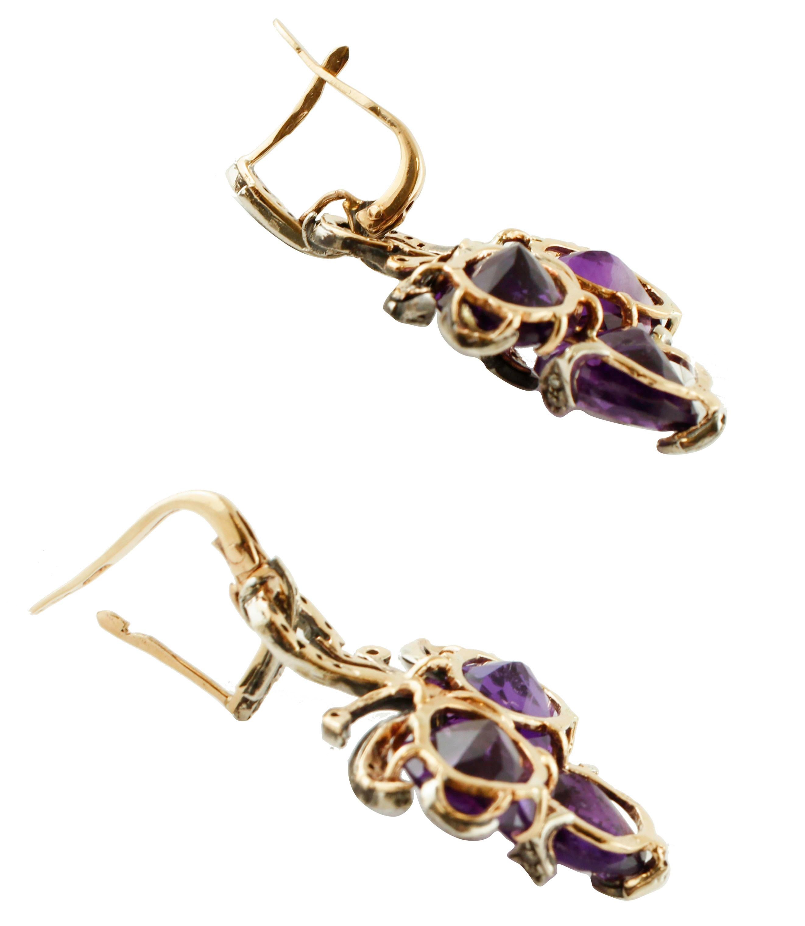 Retro Little Diamonds, Amethysts, Rose Gold and Silver Level Back/Dangle Earrings