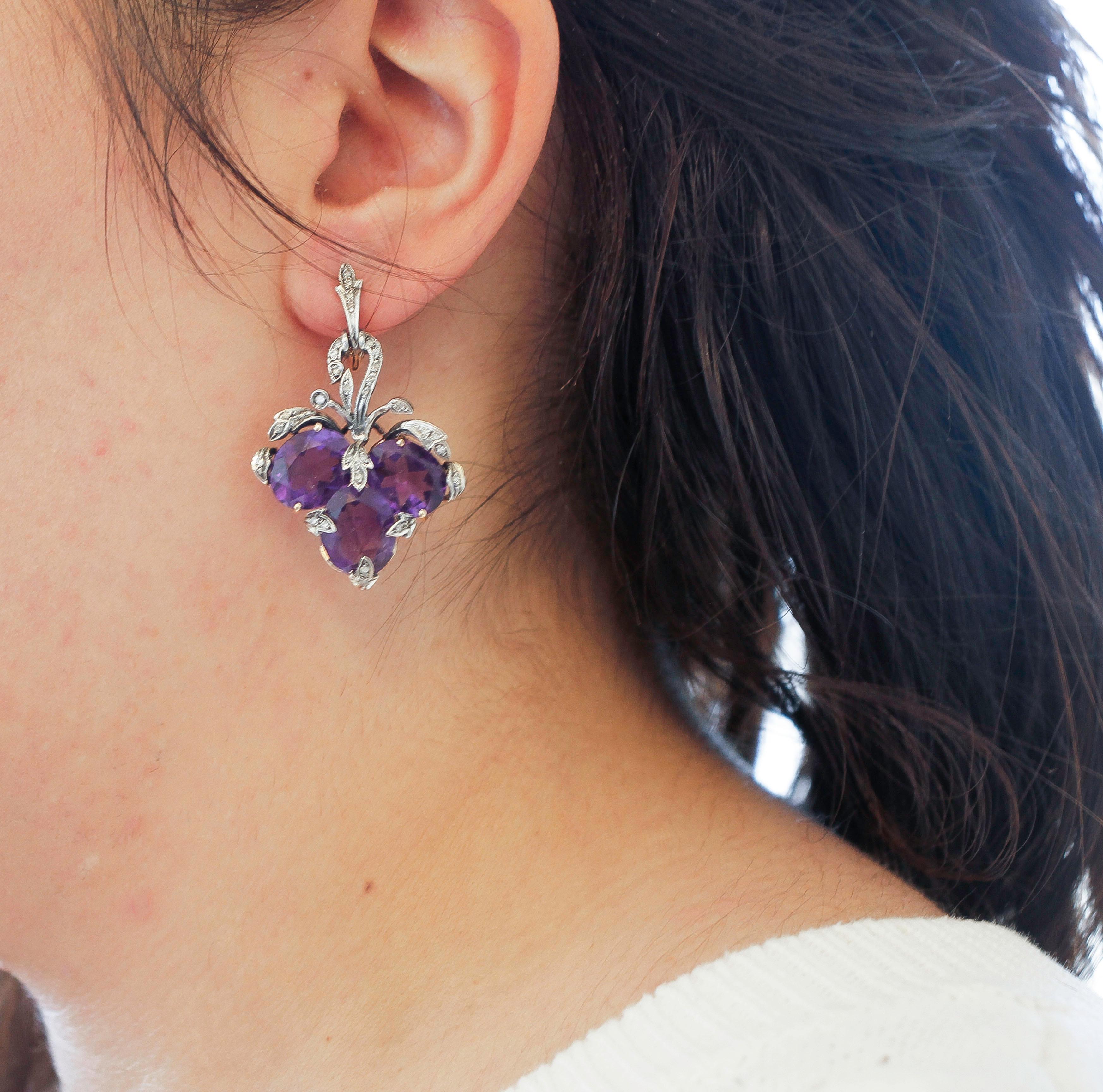 Mixed Cut Little Diamonds, Amethysts, Rose Gold and Silver Level Back/Dangle Earrings