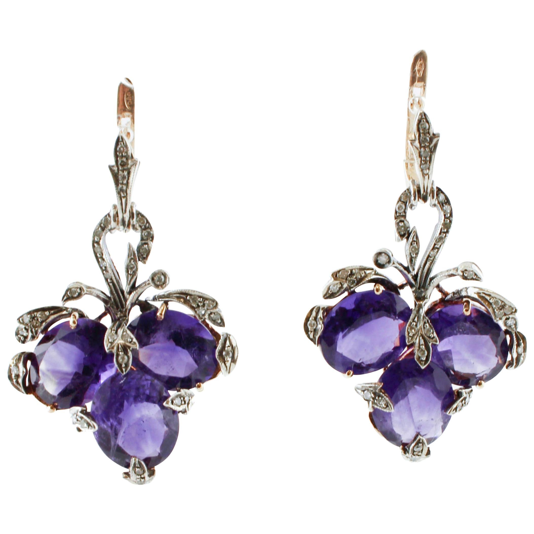 Little Diamonds, Amethysts, Rose Gold and Silver Level Back/Dangle Earrings