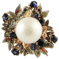 Little Diamonds Blue Sapphires Stones Pearl Rose Gold and Silver Cluster Ring