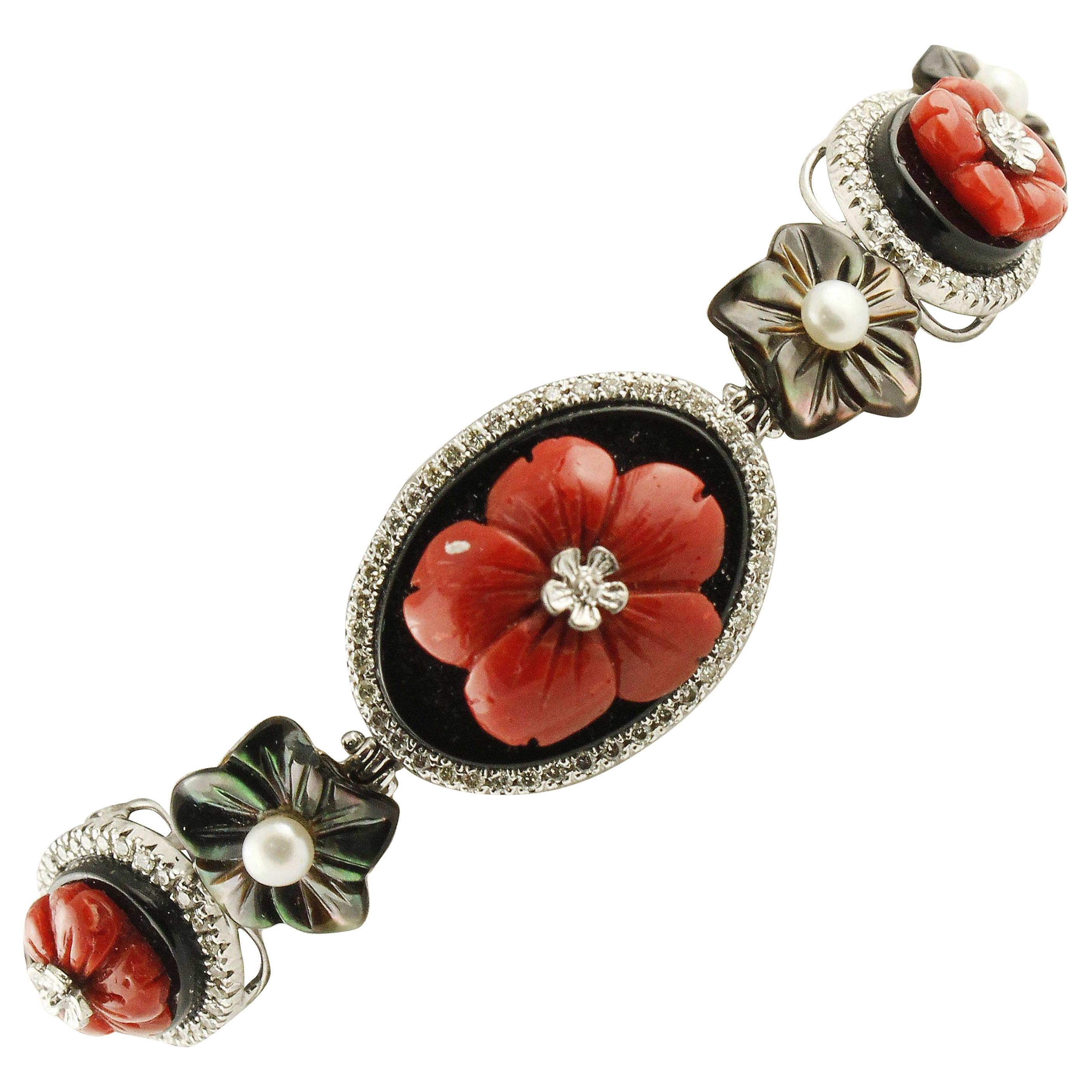 Little Diamonds Onyx Stones Red Corals Little Pearls White Gold Bracelet For Sale