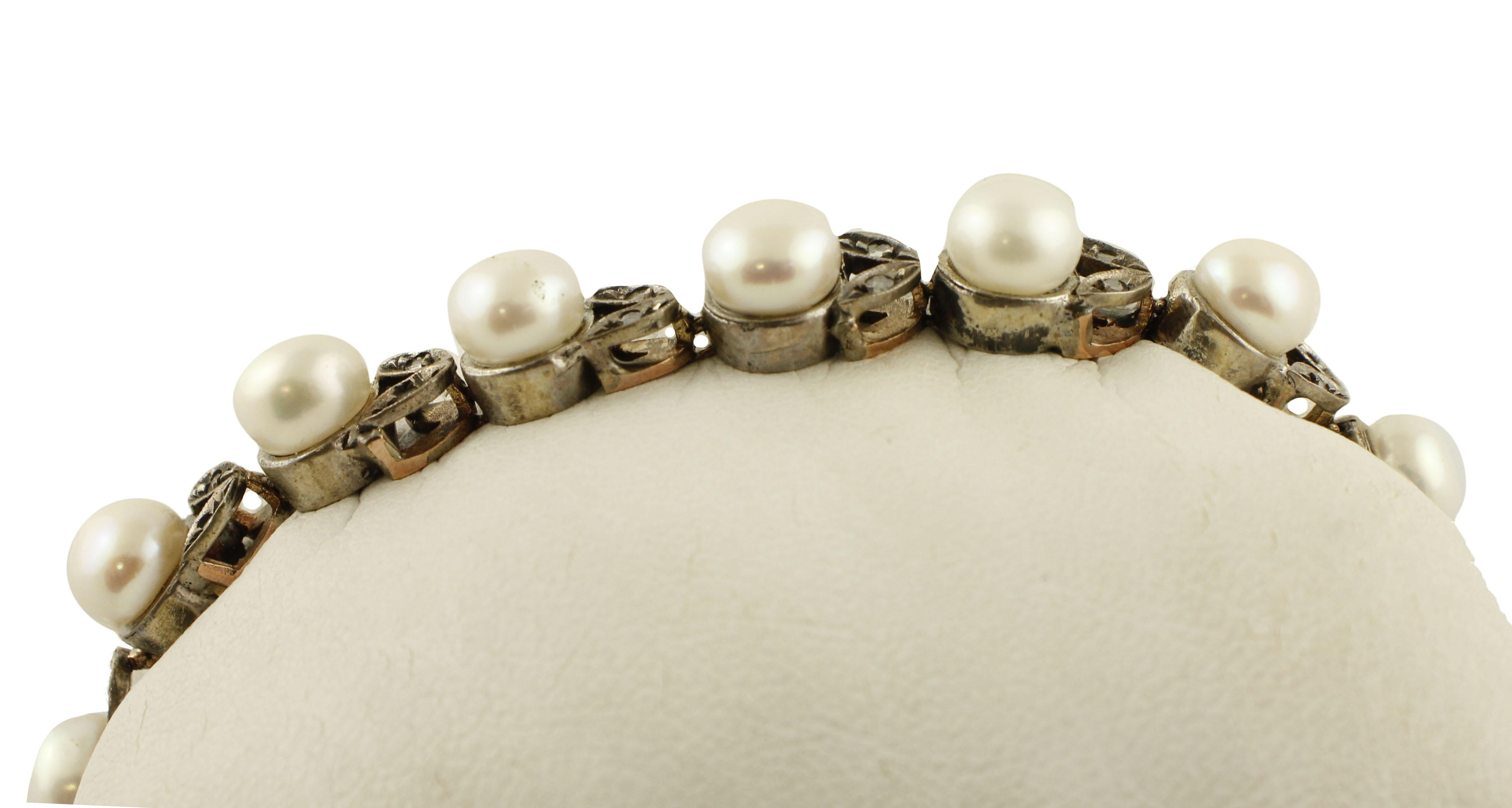 Rétro Bracelet à maillons en or rose et argent avec petits diamants blancs, thème fleuri en vente