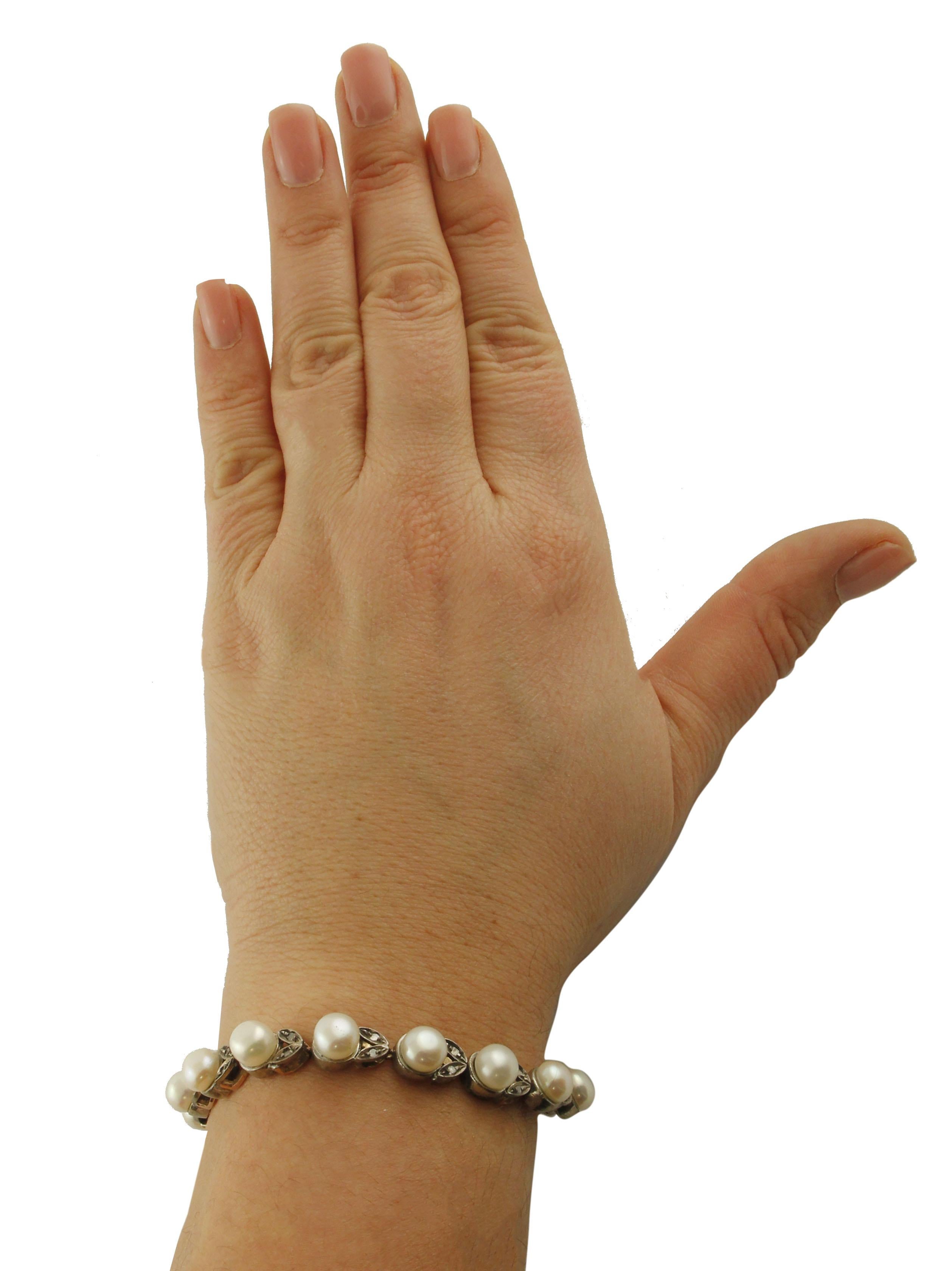 Bracelet à maillons en or rose et argent avec petits diamants blancs, thème fleuri Bon état - En vente à Marcianise, Marcianise (CE)