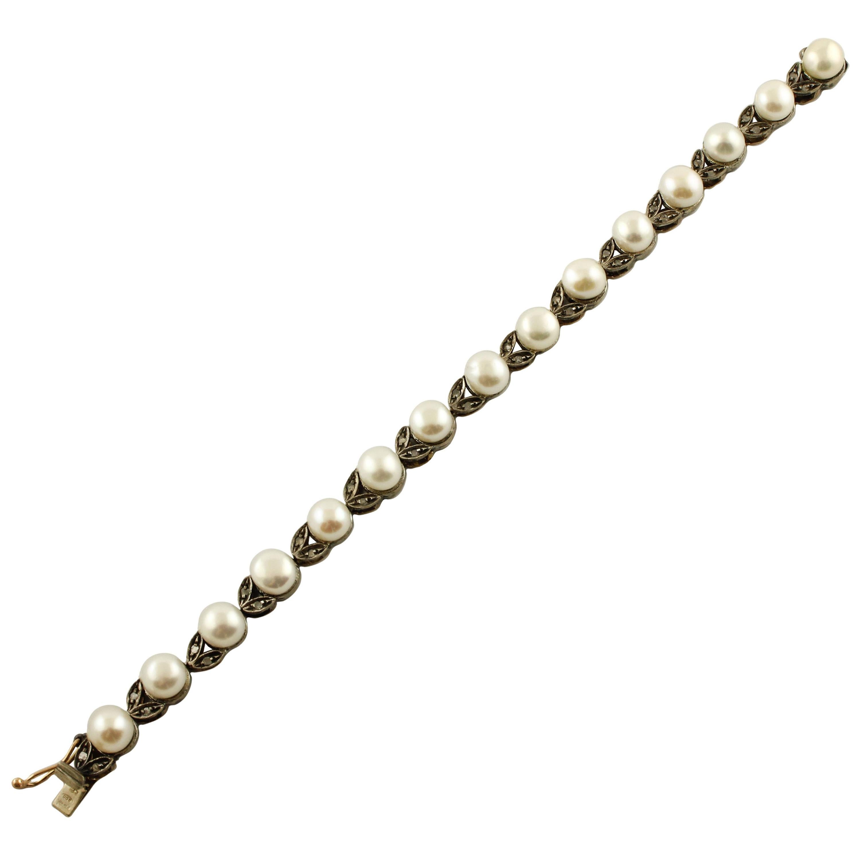 Little Diamonds Perlas blancas, tema floral, pulsera de eslabones de oro rosa y plata