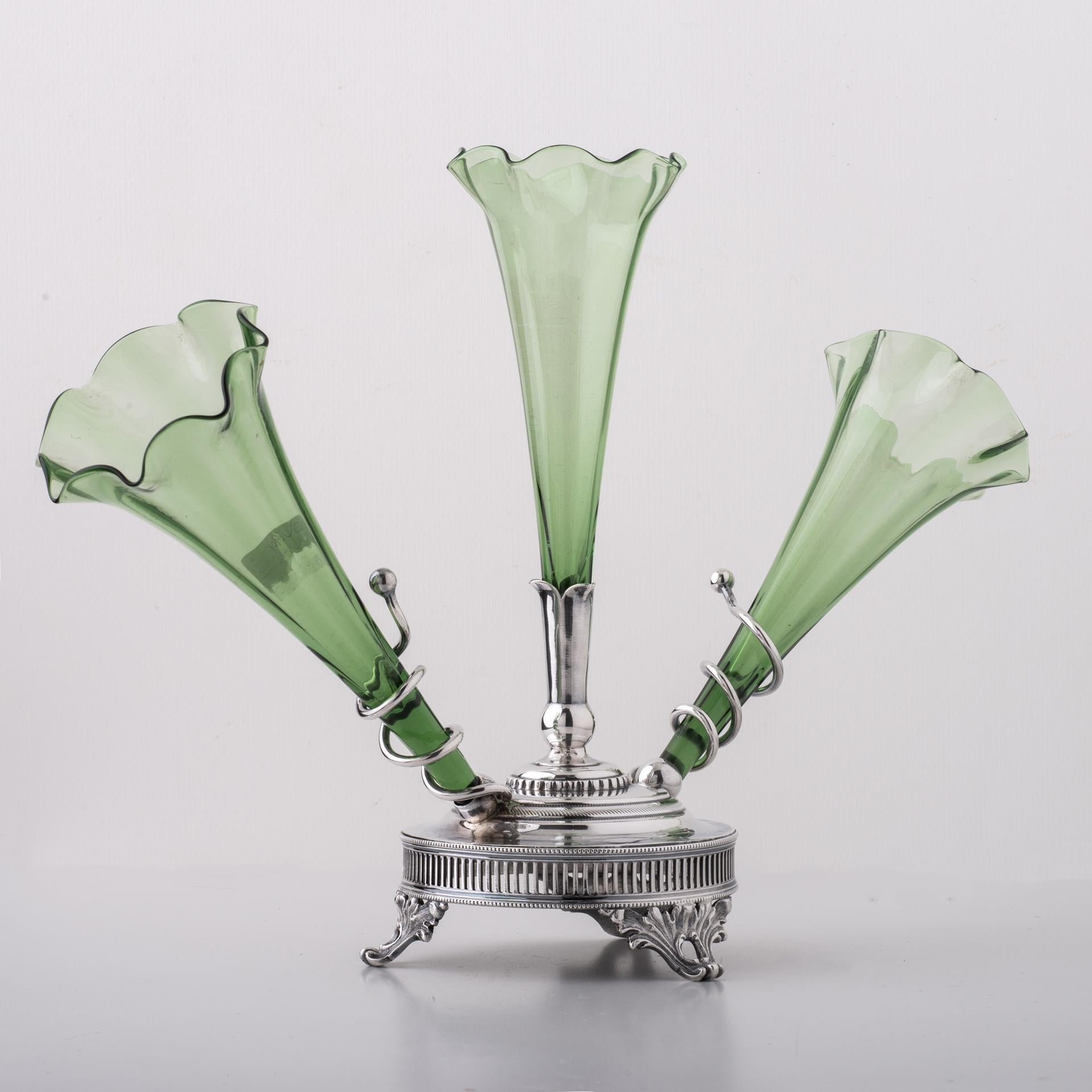 Hand-Crafted Little Epergne with Three Light Green Glass Jars For Sale
