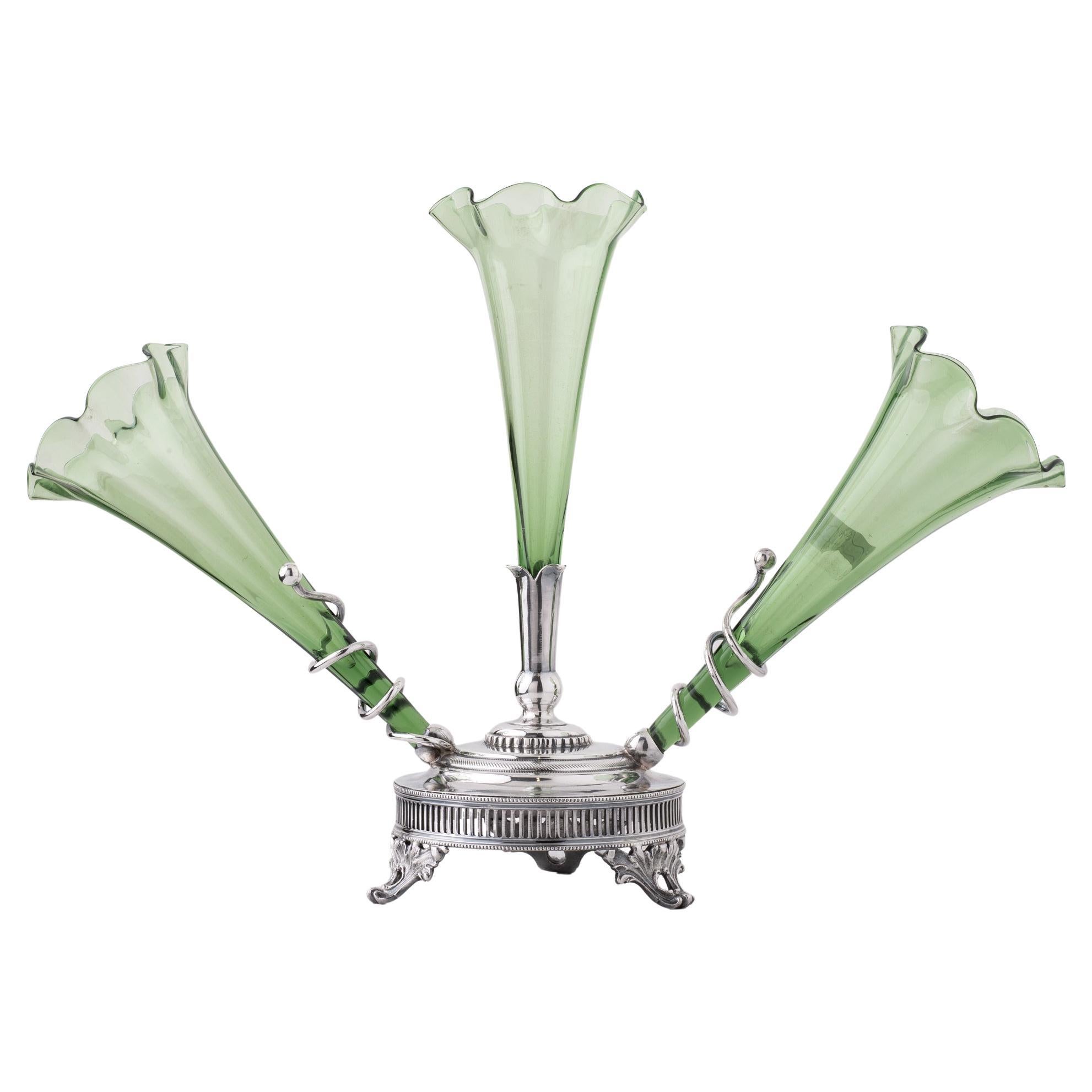 Little Epergne with Three Light Green Glass Jars For Sale