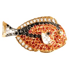 Little Fish, Diamonds and Orange Sapphires in Red Gold Brooch