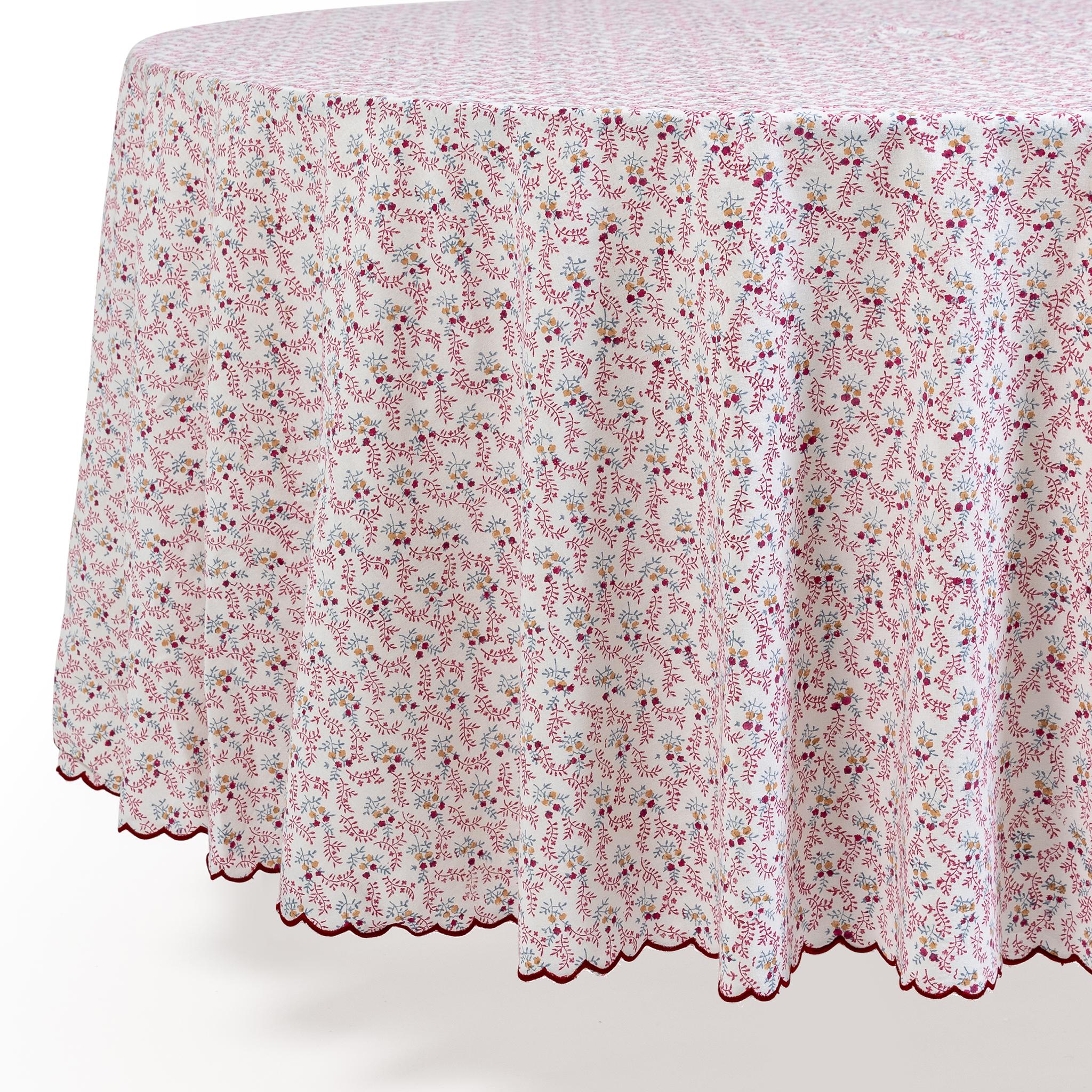 Our Little Flower collection features a beautiful ditsy floral print, and comes in three colourways: Blue, Green and Maroon. Hand-blocked by artisans onto 100% cotton, the tablecloths are edged with a chic scalloped border. Add a fresh splash of