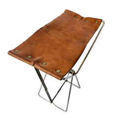 Little Folding Portable Stools in Brown Leather and Metal Industrial Style