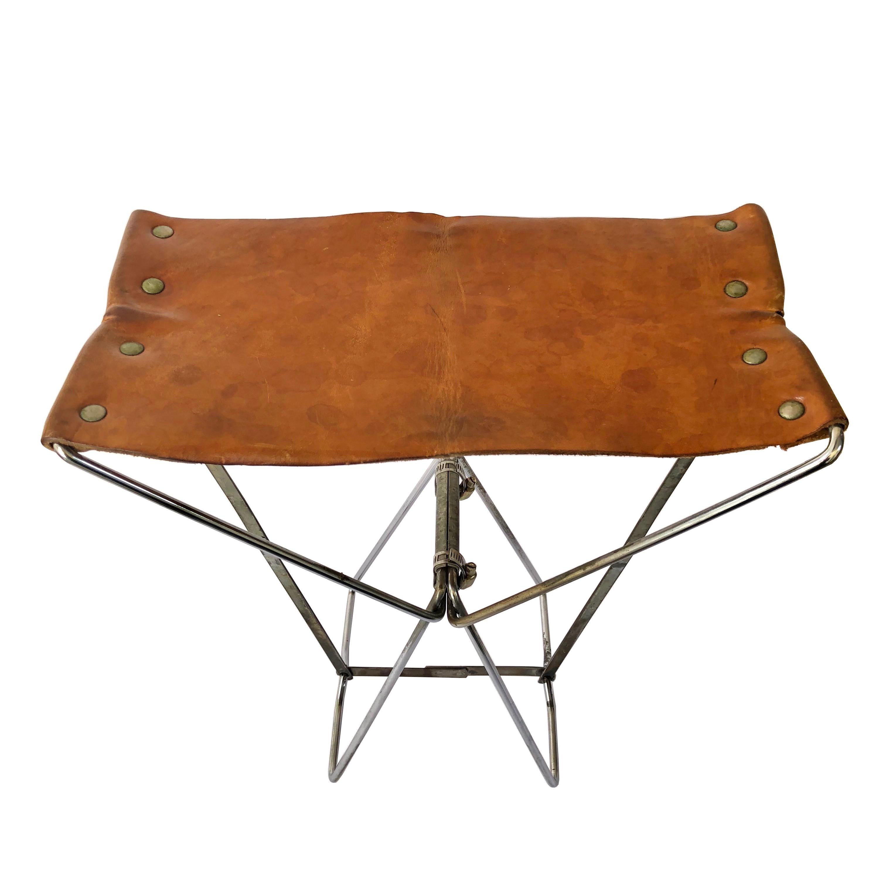 Little Folding Portable Stools in Brown Leather and Metal Industrial Style For Sale