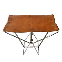 Retro Little Folding Portable Stools in Brown Leather and Metal Industrial Style