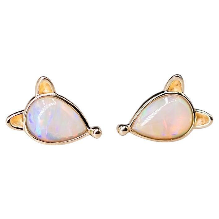 Little Fox Australian Solid Opal Stud Earrings 14k Yellow Gold For Sale