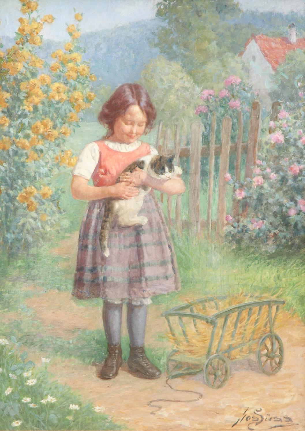 A sweet painting
Little girl with cat staying in landscape, oil on wood
Painter: Josef Wenzel Suss 1857-1937
size unframed: H 35, W 25
size framed: H 46, W 36, D 6. all in cm.
