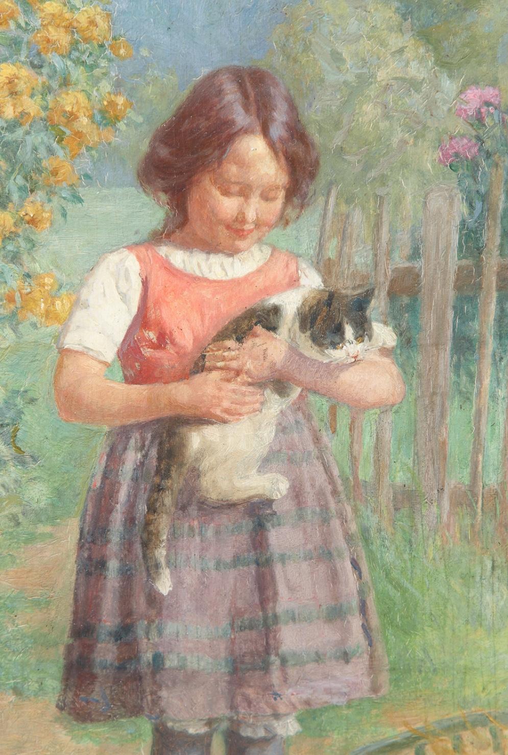 little girl with cat painting