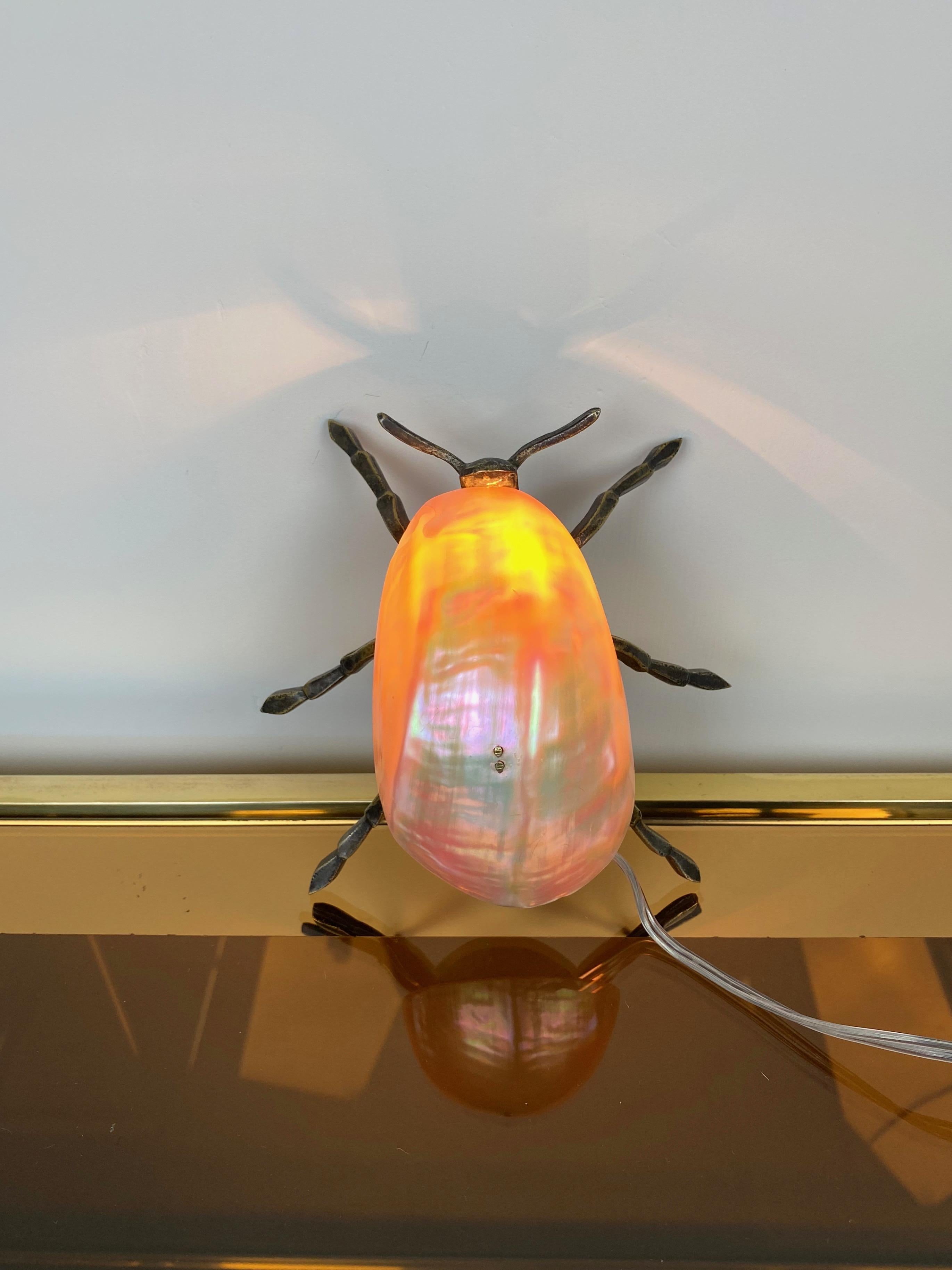 Late 20th Century Little Insect Bug Lamp in Iron and Mother of Pearl Nacre, Italy, 1970s