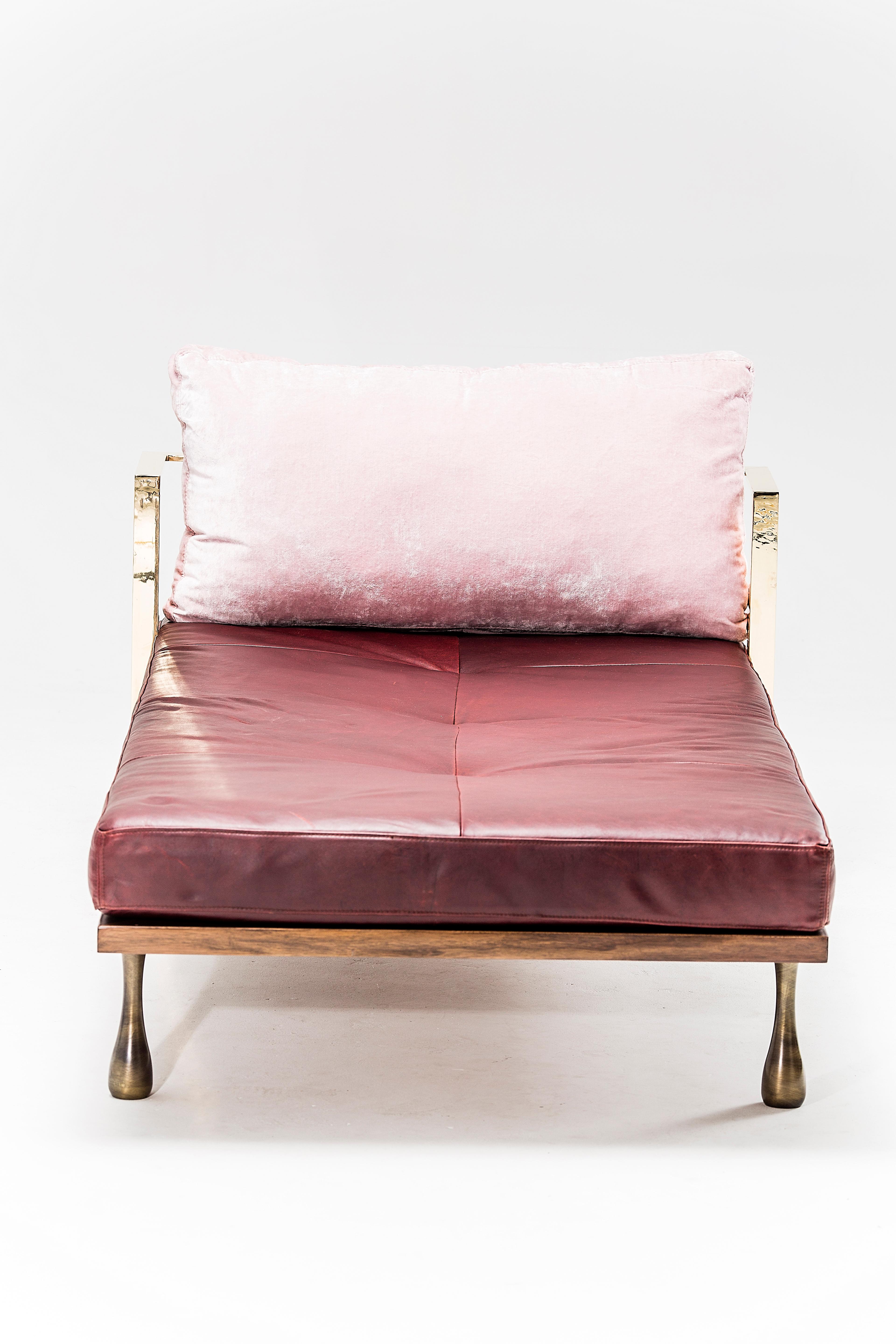 Little miss daybed by Egg Designs.
Dimensions: 200 L X 90 D X 58.5 H cm.
Materials: walnut timber, brass, bronzed steel, leather & velvet upholstery

Founded by South Africans and life partners, Greg and Roche Dry - Egg is a unique perspective