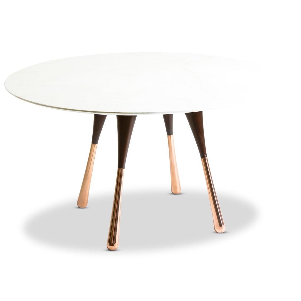 Contemporary Little Miss Fat Engraved Brass, Copper and Oak Round Peacock Dining table  For Sale