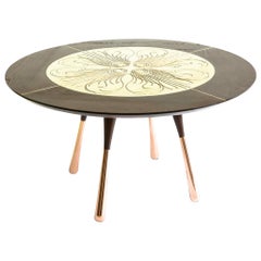 Little Miss Fat Engraved Brass, Copper and Oak Round Peacock Dining table 
