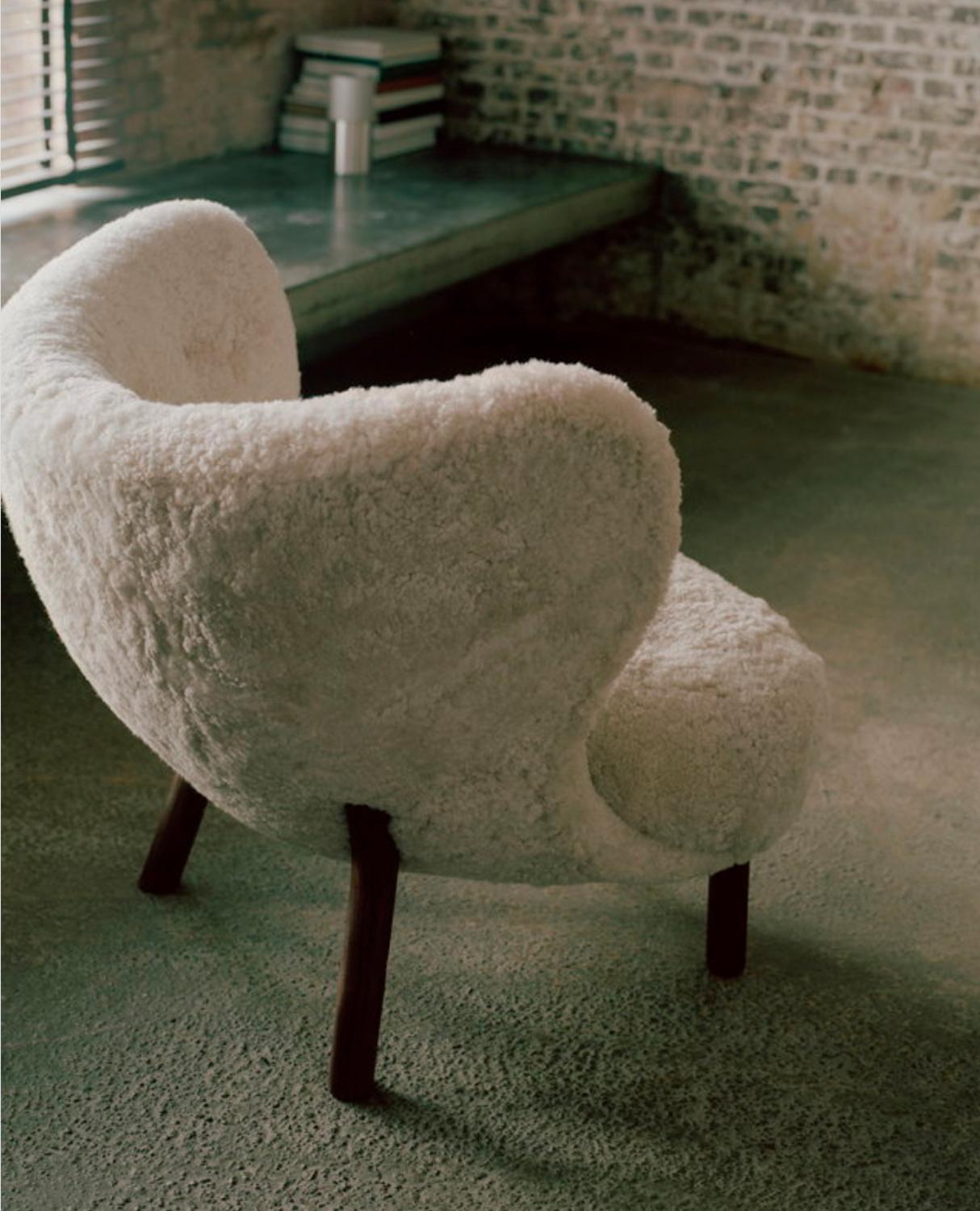 Danish Little Petra Lounge Chair & Ottoman in Sheepskin with oiled Walnut Frame