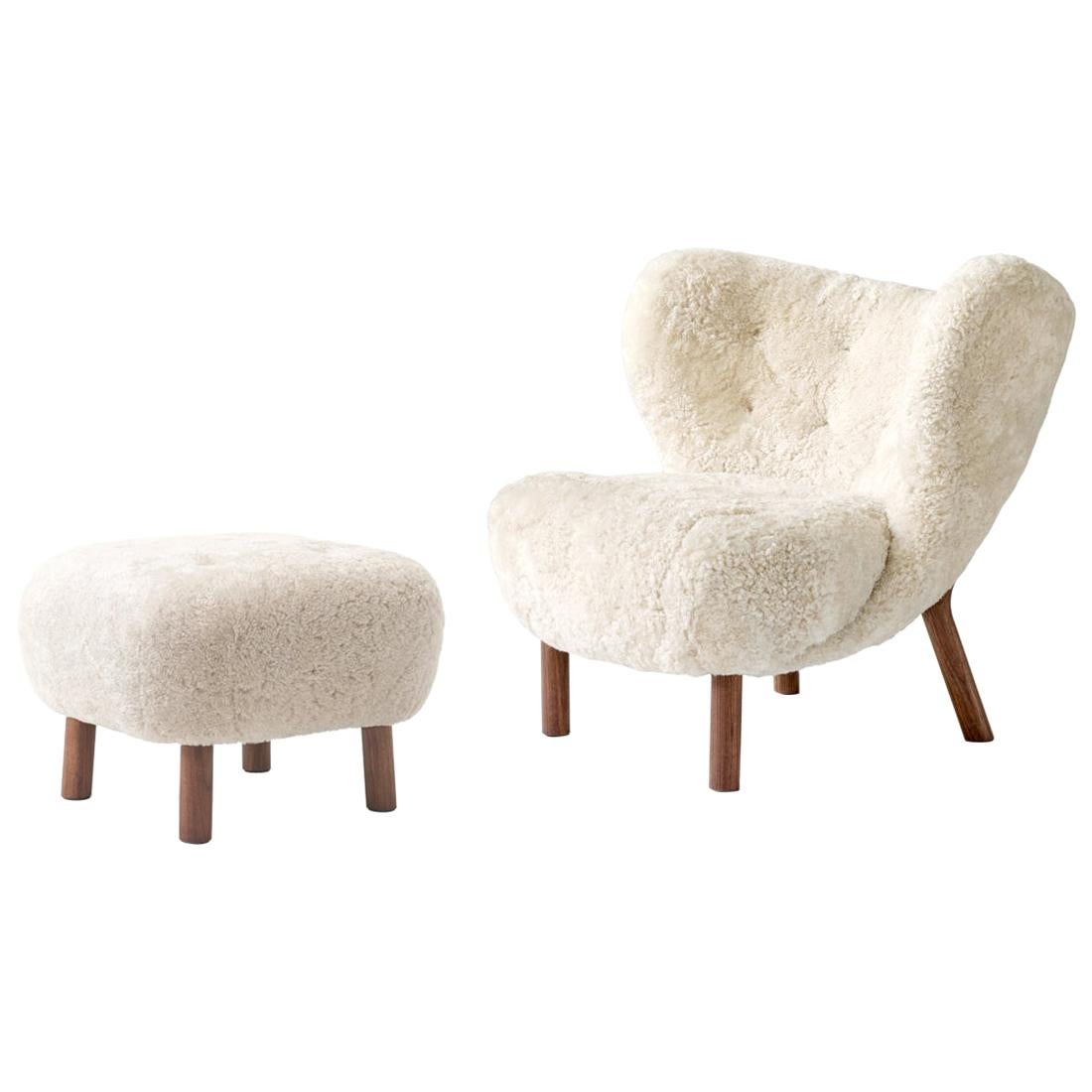 Little Petra Lounge Chair & Ottoman in Sheepskin with oiled Walnut Frame
