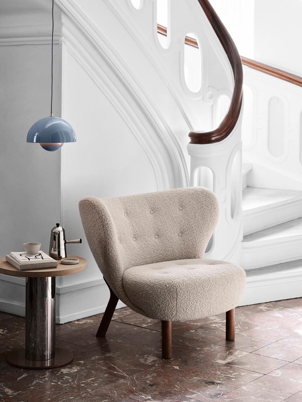 Little Petra & Pouf-Walnut & Kirkby Design Loop Oyster/09 Fabric by Viggo Boesen For Sale 7