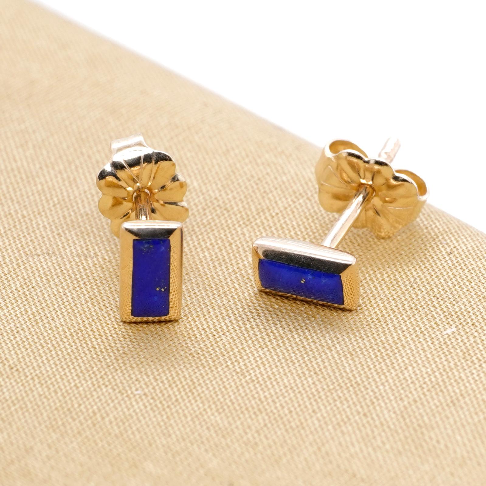 Contemporary Little, Rectangular, Lapis Lazui Inlay Post Earrings 14kt Yellow Gold, by Kabana For Sale
