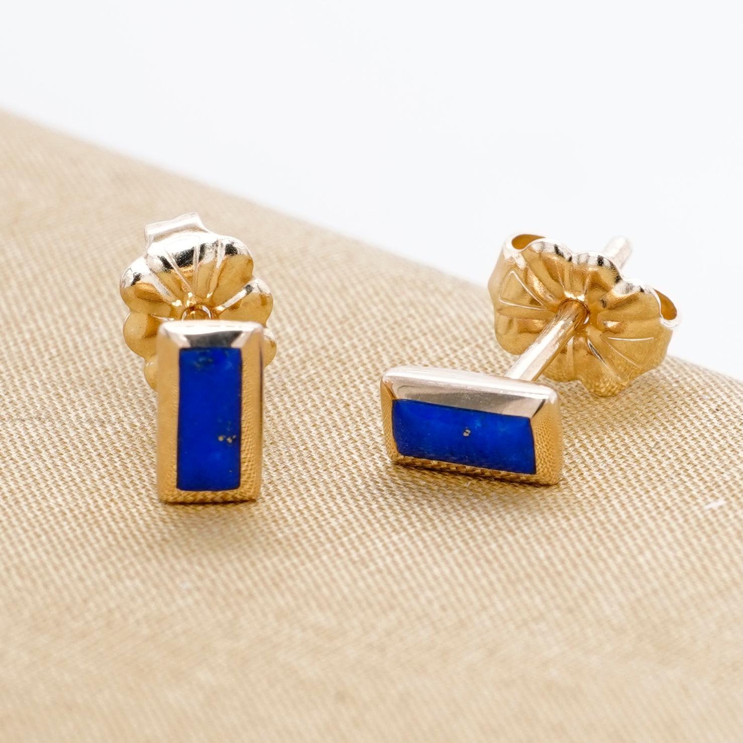 Little, Rectangular, Lapis Lazui Inlay Post Earrings 14kt Yellow Gold, by Kabana In New Condition For Sale In Bozeman, MT