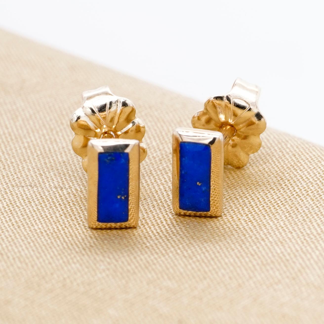 Women's or Men's Little, Rectangular, Lapis Lazui Inlay Post Earrings 14kt Yellow Gold, by Kabana For Sale