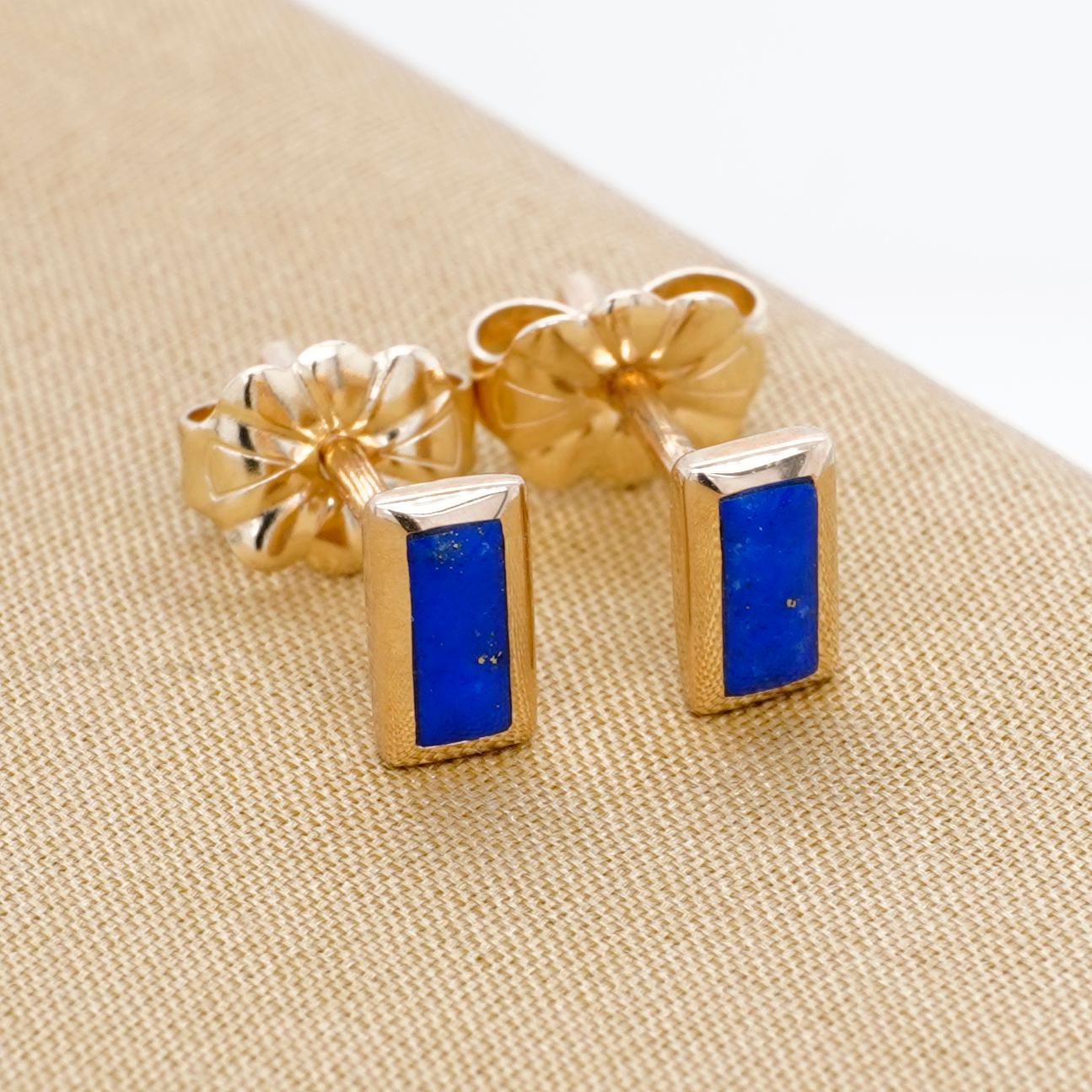 Little, Rectangular, Lapis Lazui Inlay Post Earrings 14kt Yellow Gold, by Kabana For Sale 1