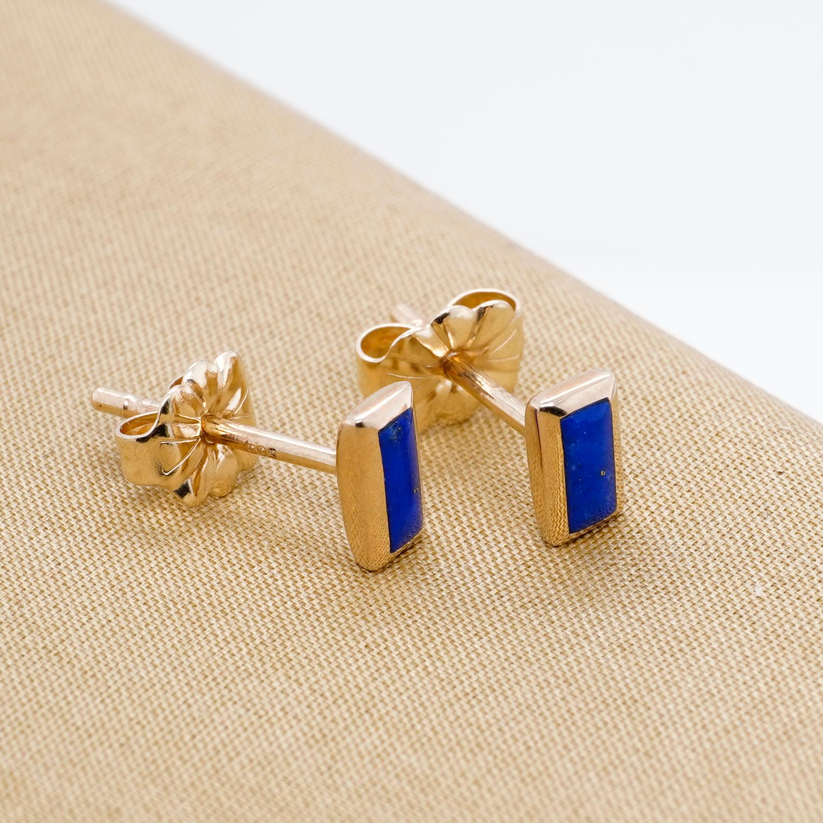 Little, Rectangular, Lapis Lazui Inlay Post Earrings 14kt Yellow Gold, by Kabana For Sale 2