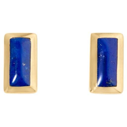 Little, Rectangular, Lapis Lazui Inlay Post Earrings 14kt Yellow Gold, by Kabana For Sale
