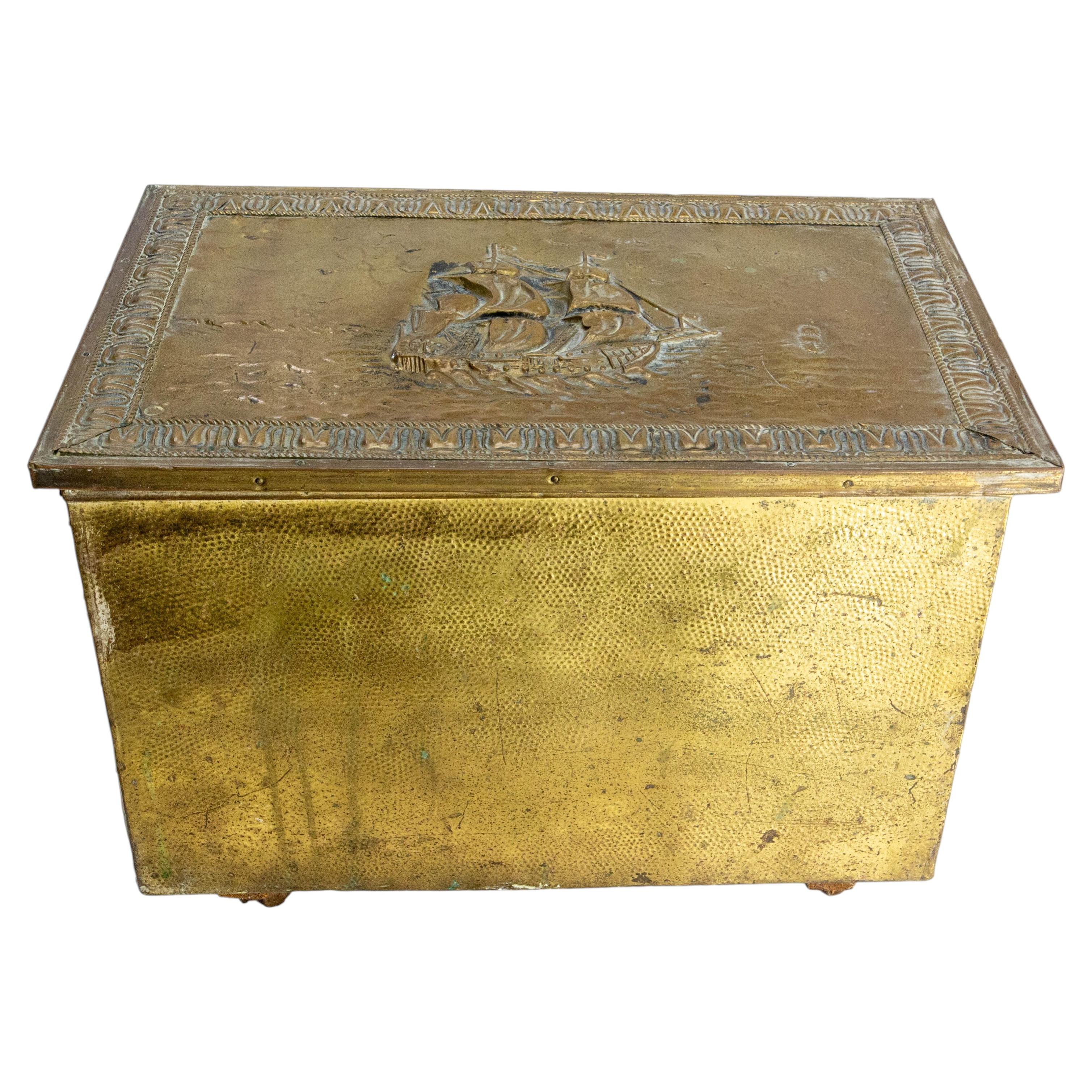 Little Sailing Ship Coffer Pine & Embossed Copper 20th Mid-C For Sale