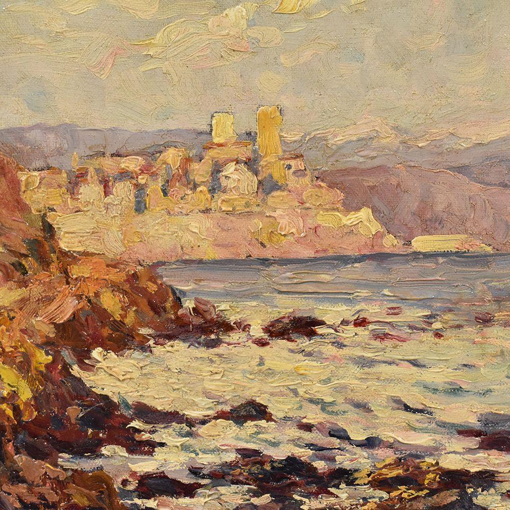Art Nouveau Little Seascape Painting, Nature Painting, Antibes, Côte D'azur, Oil on Canvas For Sale
