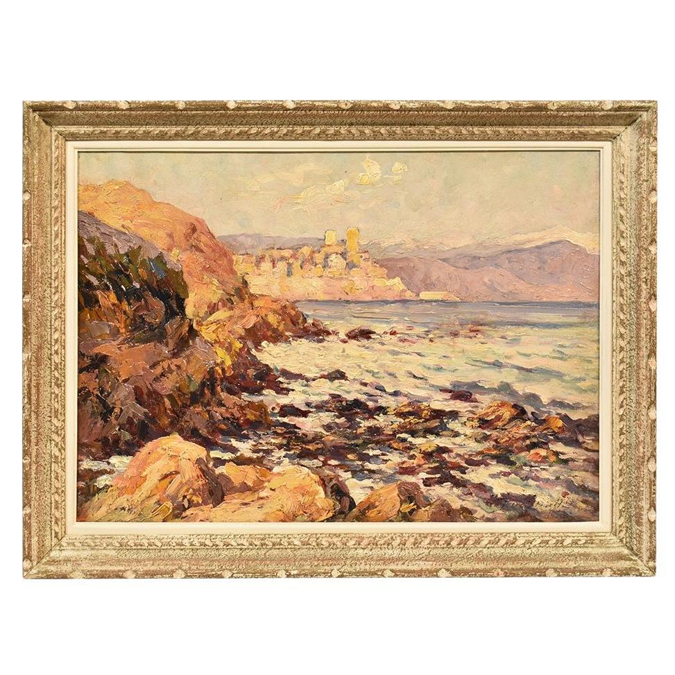 Pequeño cuadro de paisaje marino, cuadro de naturaleza, Antibes, Costa Azul, óleo sobre lienzo en venta