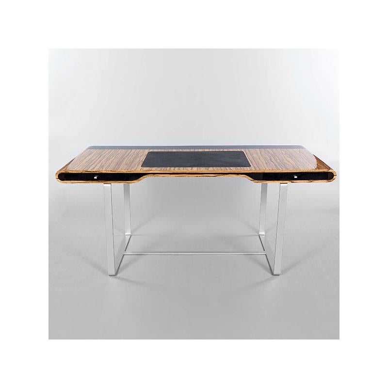 Patinated Little Shanghai Desk in Olive Wood and Black Sycamore Silver Painted Leg For Sale