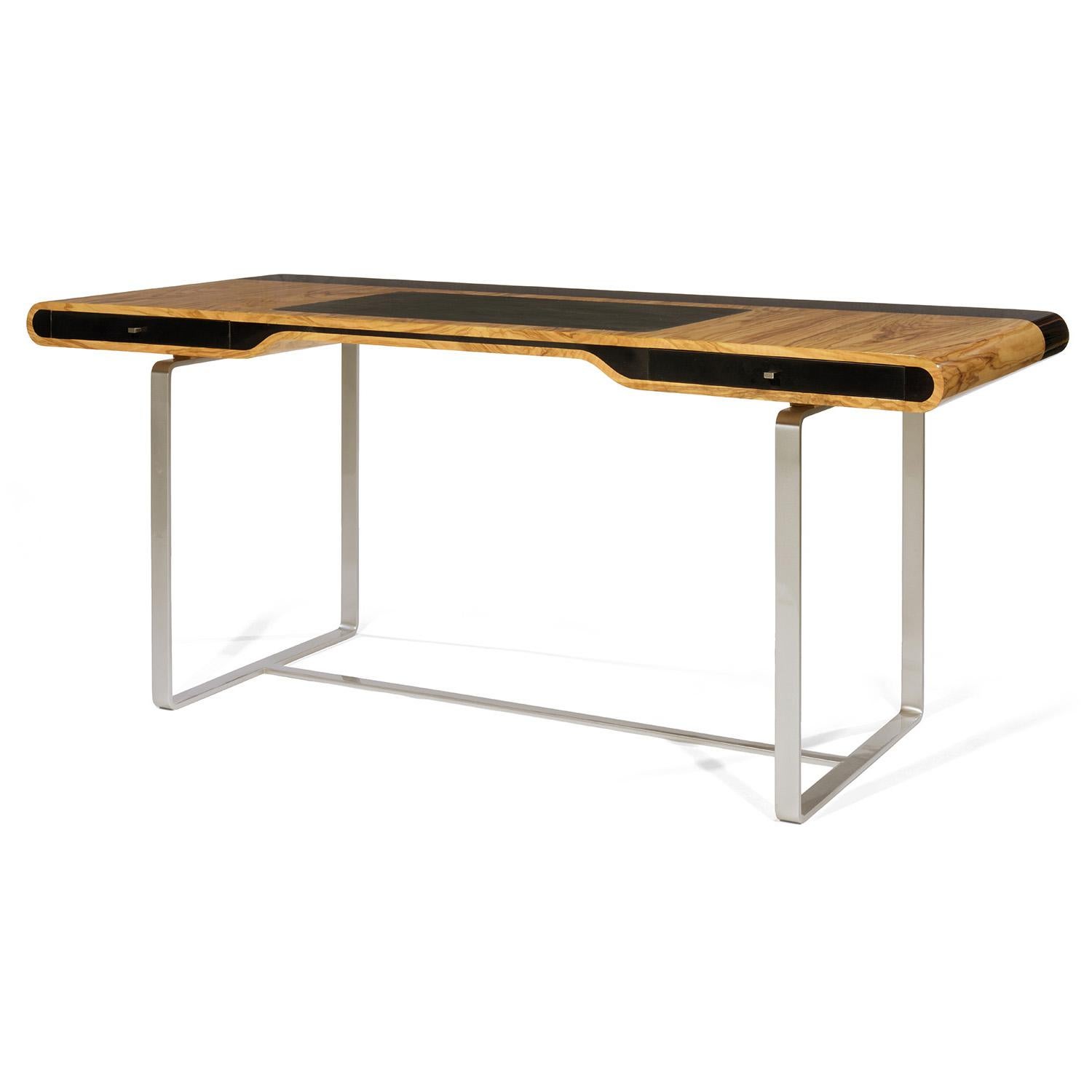 Modern Little Shanghai Desk in Zebrano Wood and Black Sycomore Silver Painted Leg For Sale
