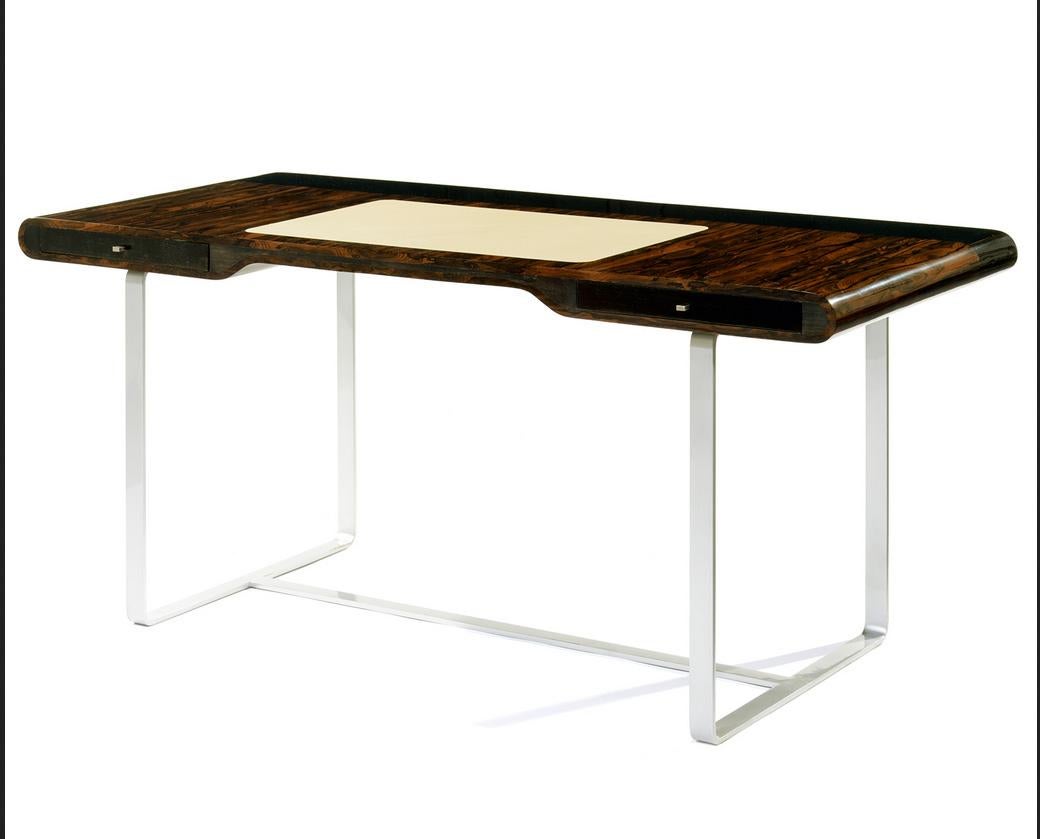 Marquetry Little Shanghai Desk in Zebrano Wood and Black Sycomore Silver Painted Leg