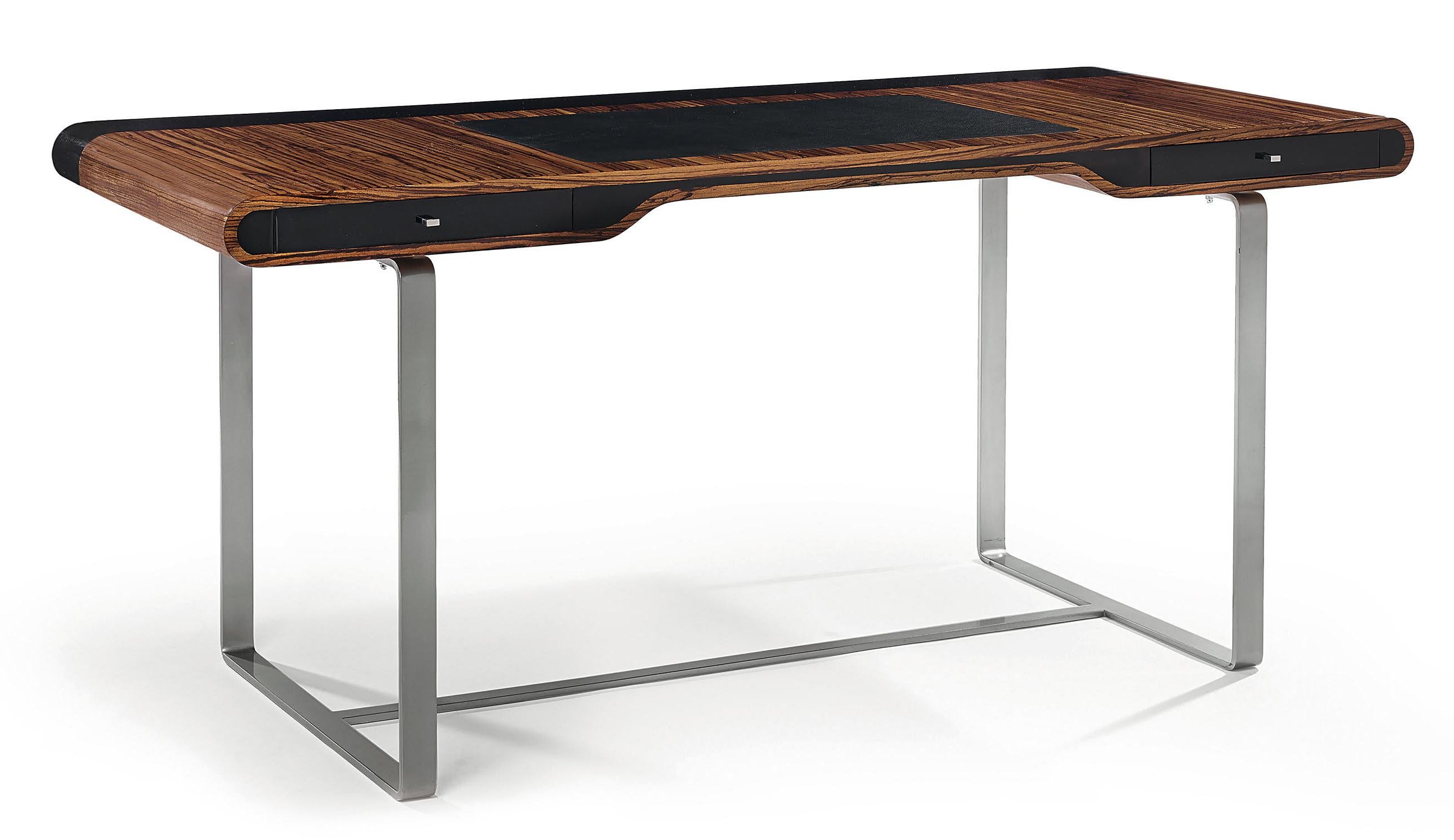 Contemporary Little Shanghai Desk in Zebrano Wood and Black Sycomore Silver Painted Leg