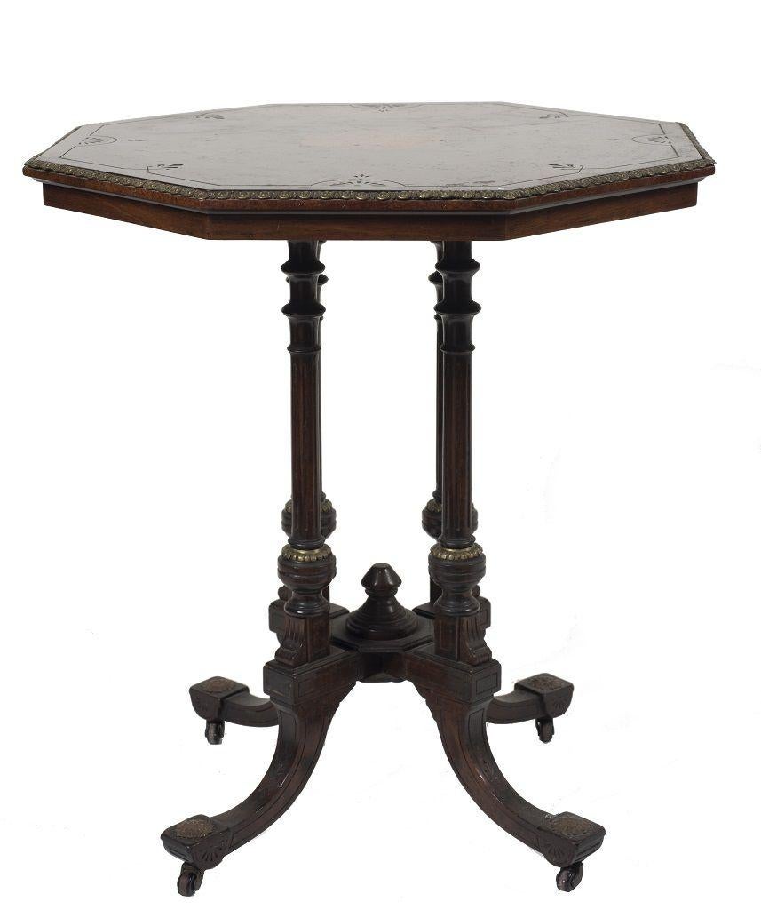 Little table is an original design furniture piece realized in Italy by Anonymous artist in the late 19th century.

A little vintage table inlaid table in mixed woods with octagonal top supported by turned columns.
Decor your space with a vintage