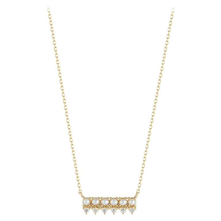 Little Things Pearl and Diamond Horizontal Bar Necklace For Sale at 1stDibs