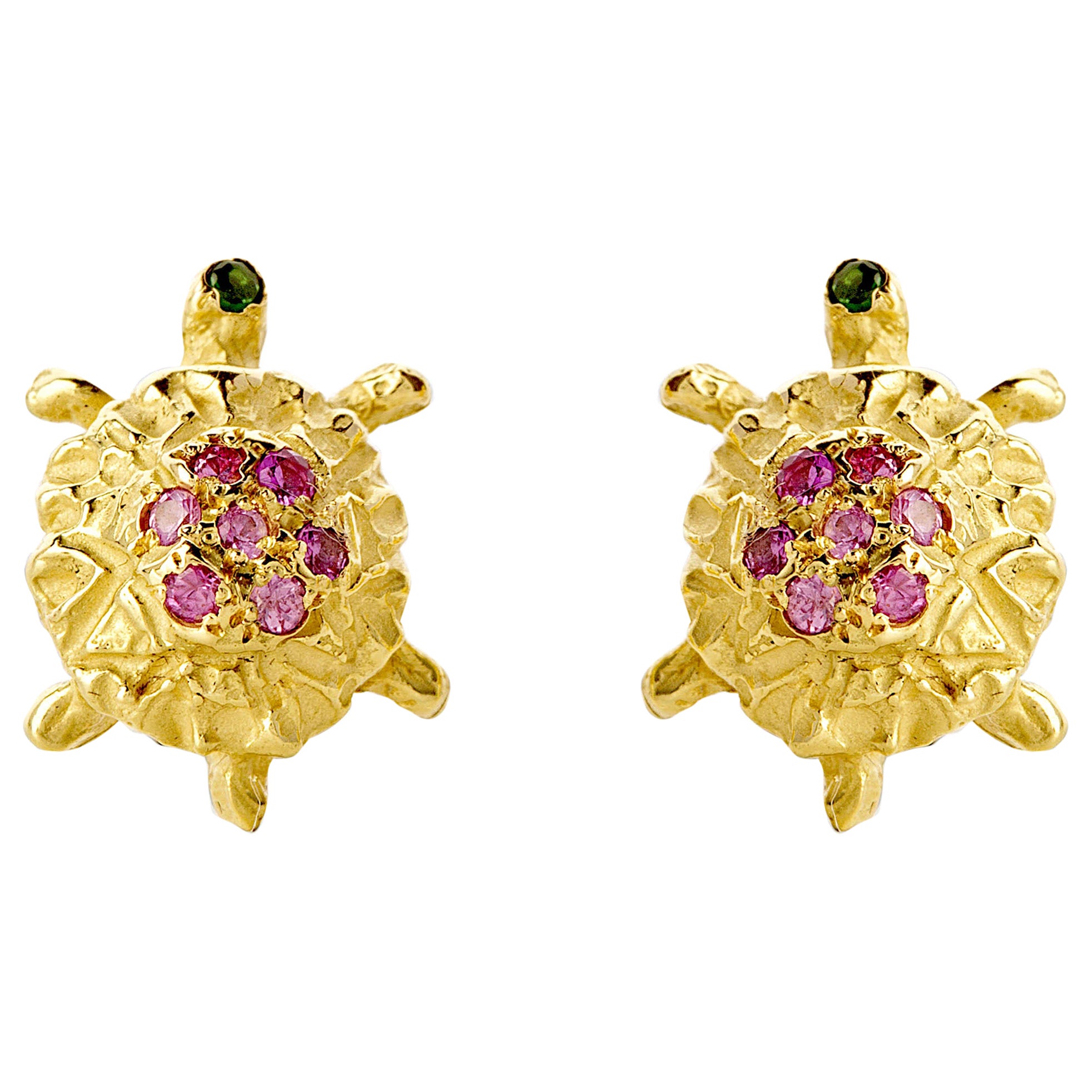 Pendientes Artesanales de Turmalina Rosa Tortuguita de Oro de 18 Kilates
