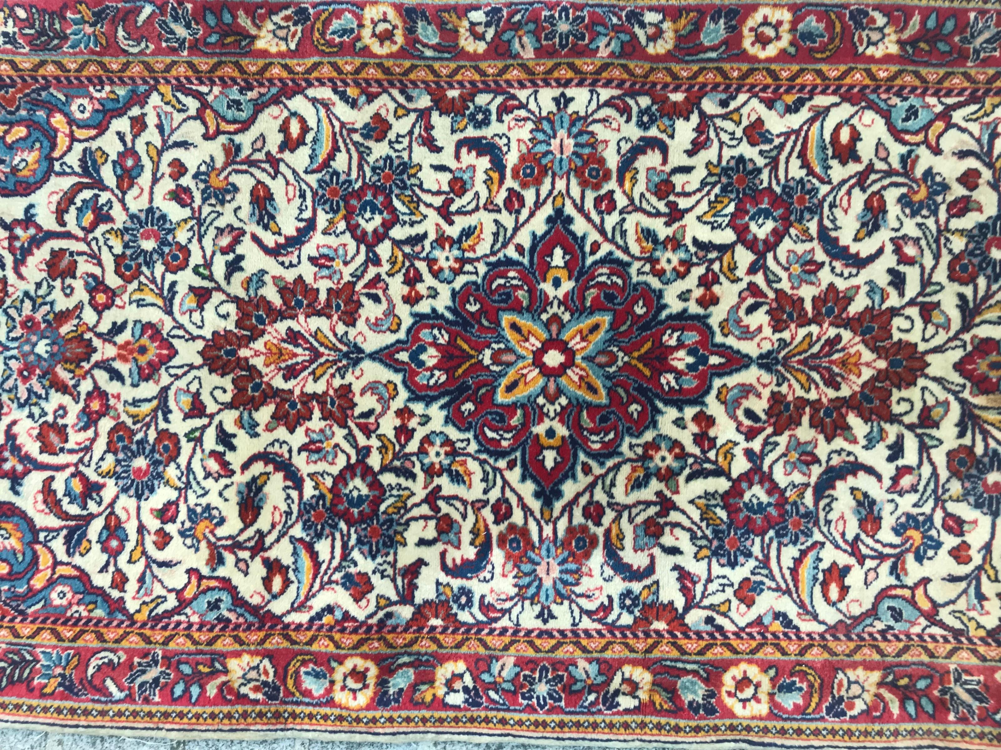 Beautiful late 20th century floral design runner with nice colors with white, blue and red, finely hand knotted with wool velvet on cotton foundation.