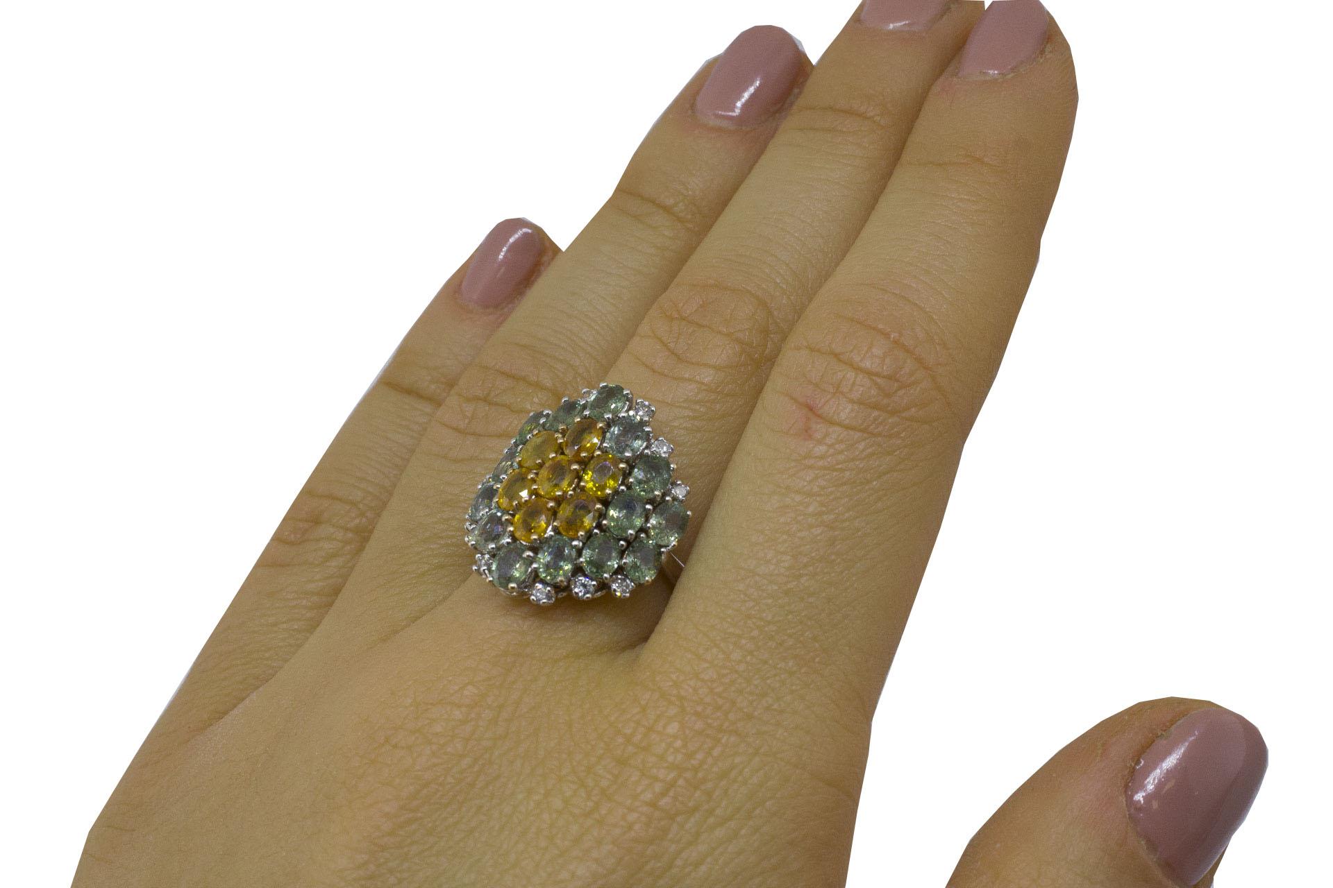 Women's Little White Diamonds Green and Yellow Sapphires White Gold Fashion Ring For Sale