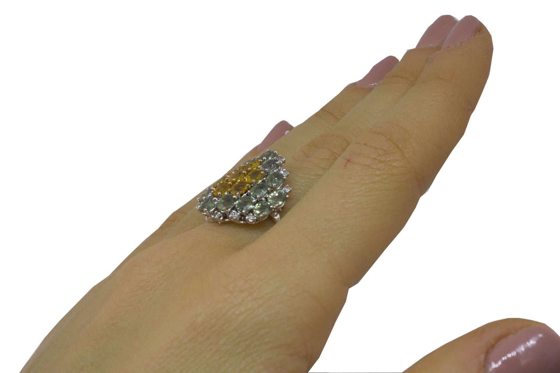 Little White Diamonds Green and Yellow Sapphires White Gold Fashion Ring For Sale 1