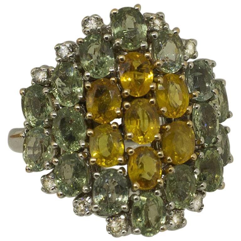 Little White Diamonds Green and Yellow Sapphires White Gold Fashion Ring For Sale
