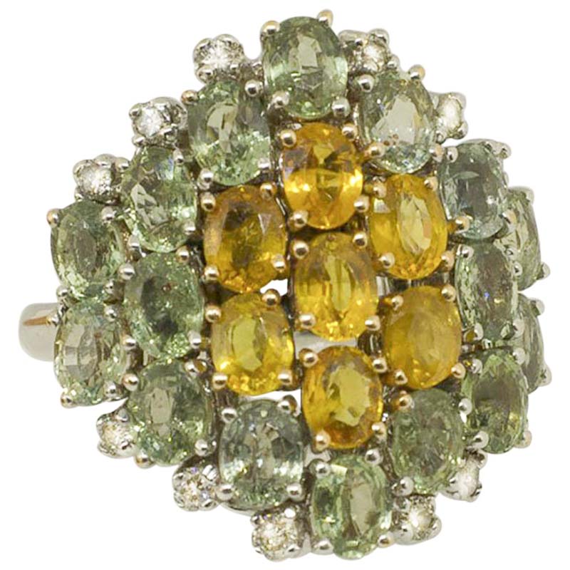 Little White Diamonds Green and Yellow Sapphires White Gold Fashion Ring