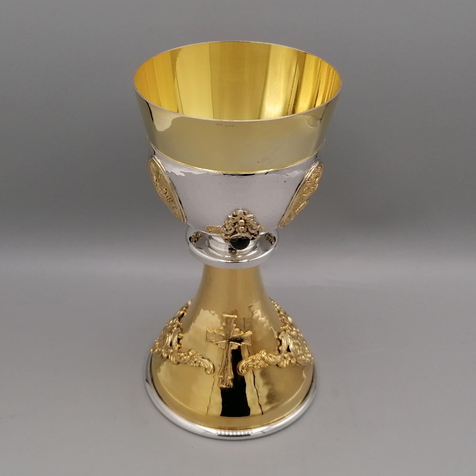 Baroque Liturgical chalice in two-tone 800 solid silver with semiprecious stones For Sale